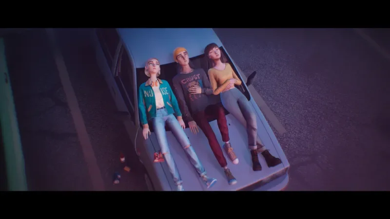 Rockford, Slater, and Cassandra drunkenly stargaze on the hood of a car.