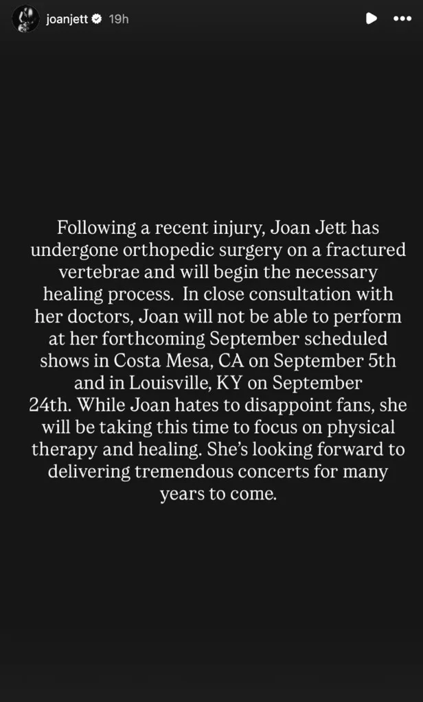 A post from Joan Jett's account announcing she underwent orthopedic surgery for a fractured vertebrae, leading to canceled September concerts.