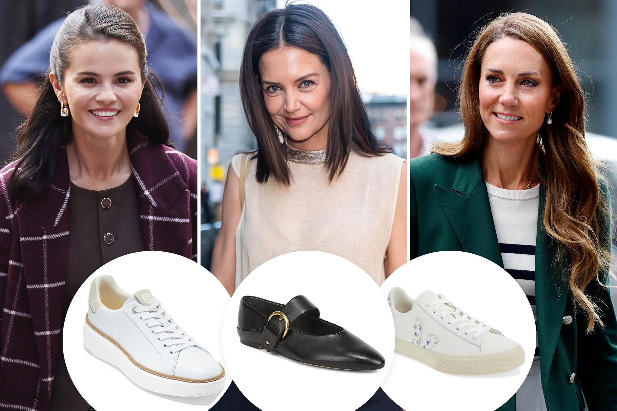 A split of Selena Gomez, Kate Holmes and Kate Middleton with insets of shoes