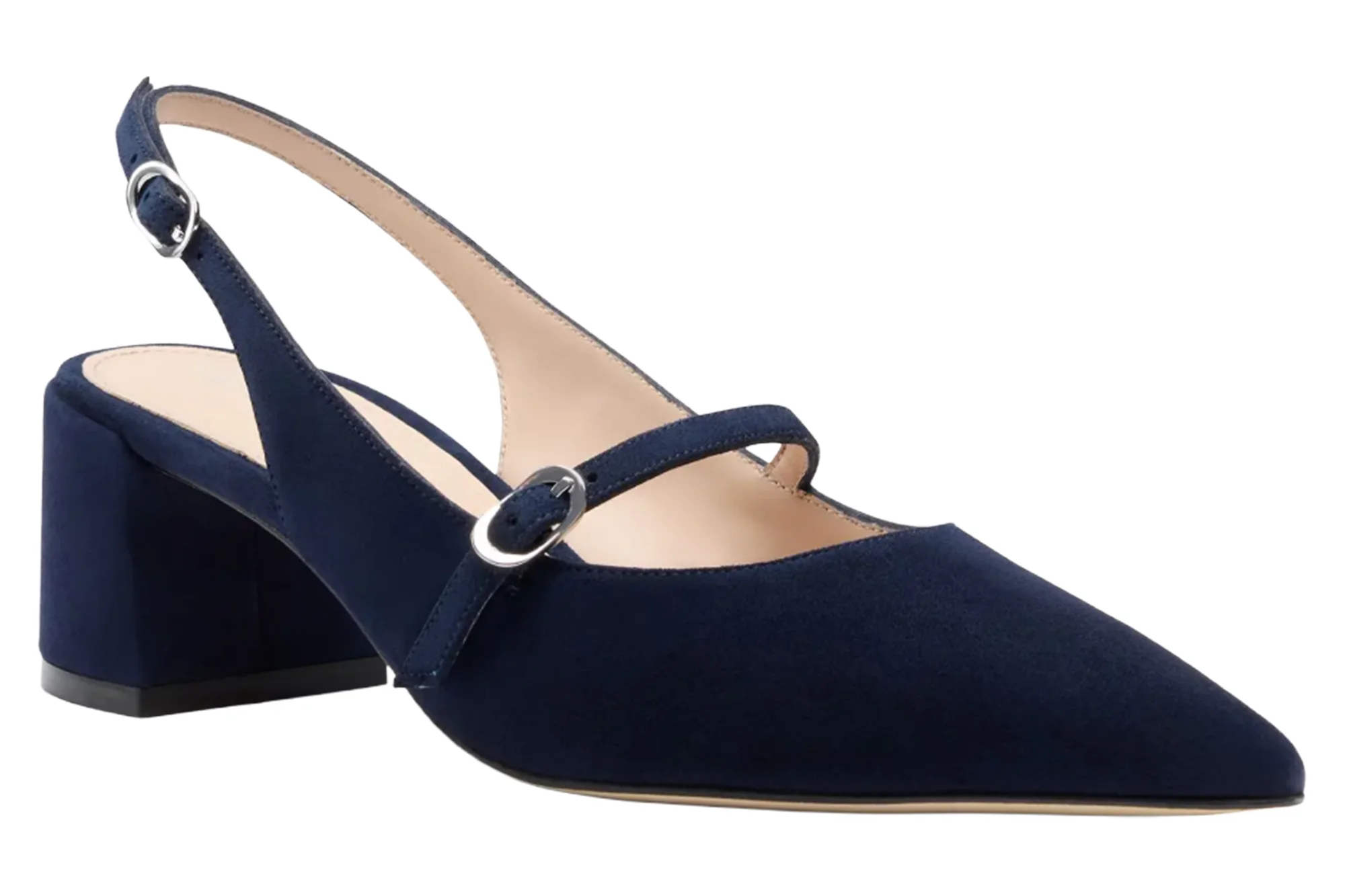 Navy blue suede slingback pump with a block heel and pointed toe.