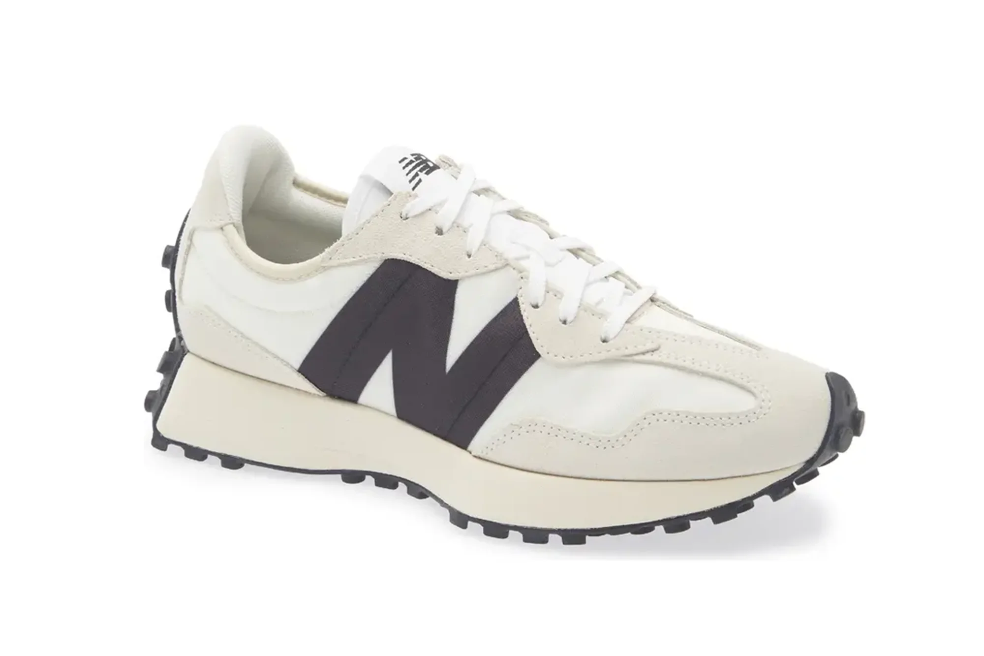 White and black New Balance 327 sneaker.