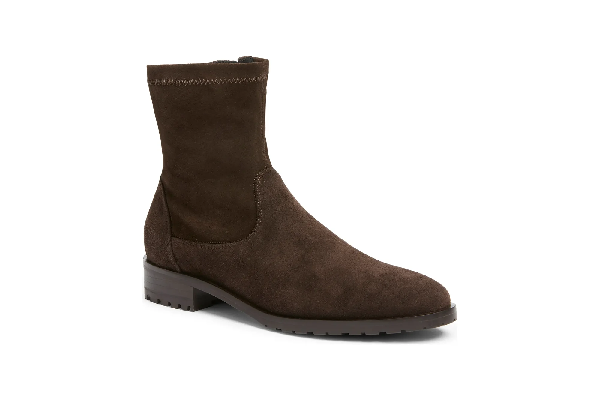 Dark brown suede ankle boot with a low block heel and ribbed sole.