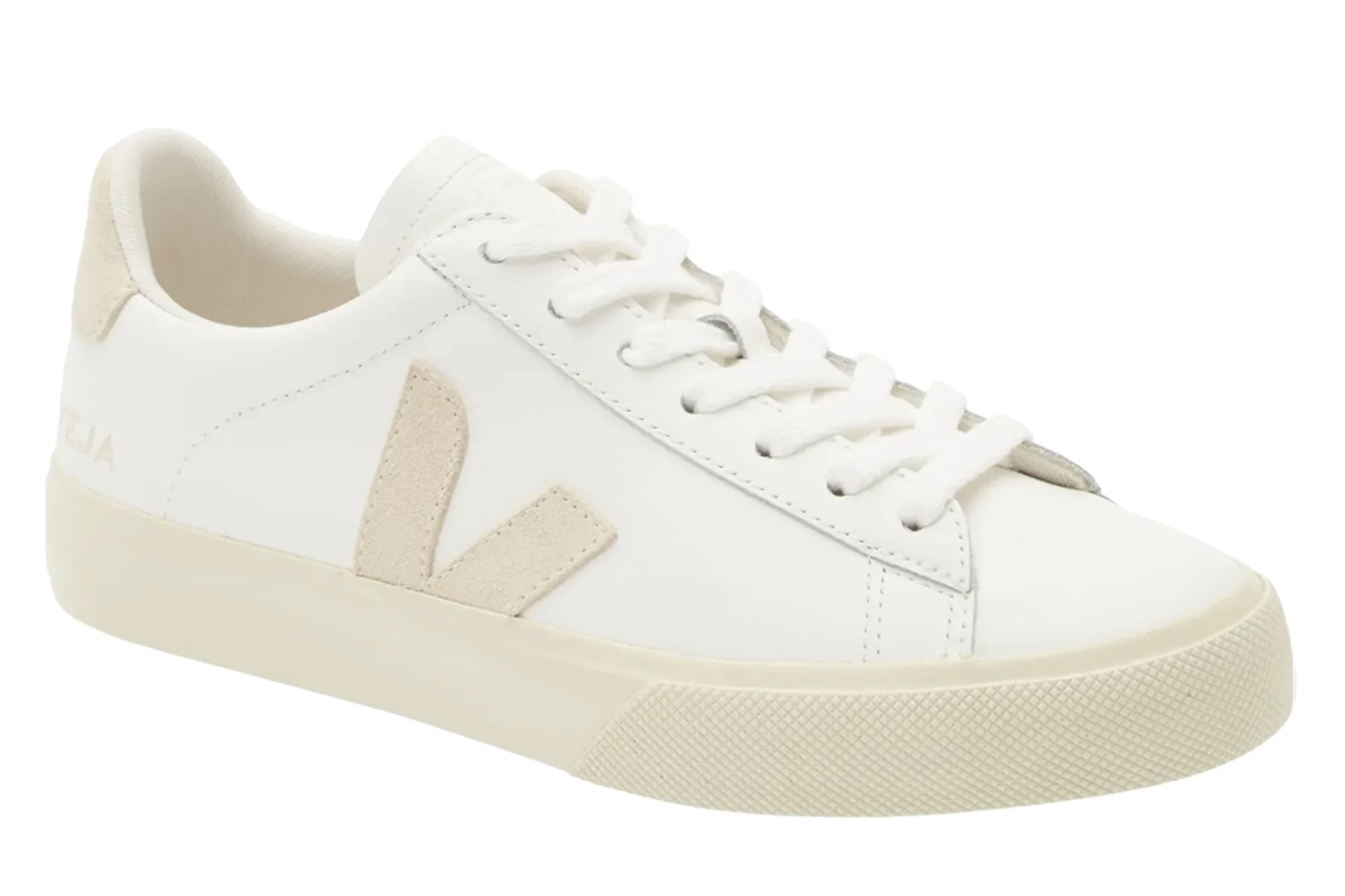 A white Veja Campo sneaker with light tan accents and cream-colored sole.