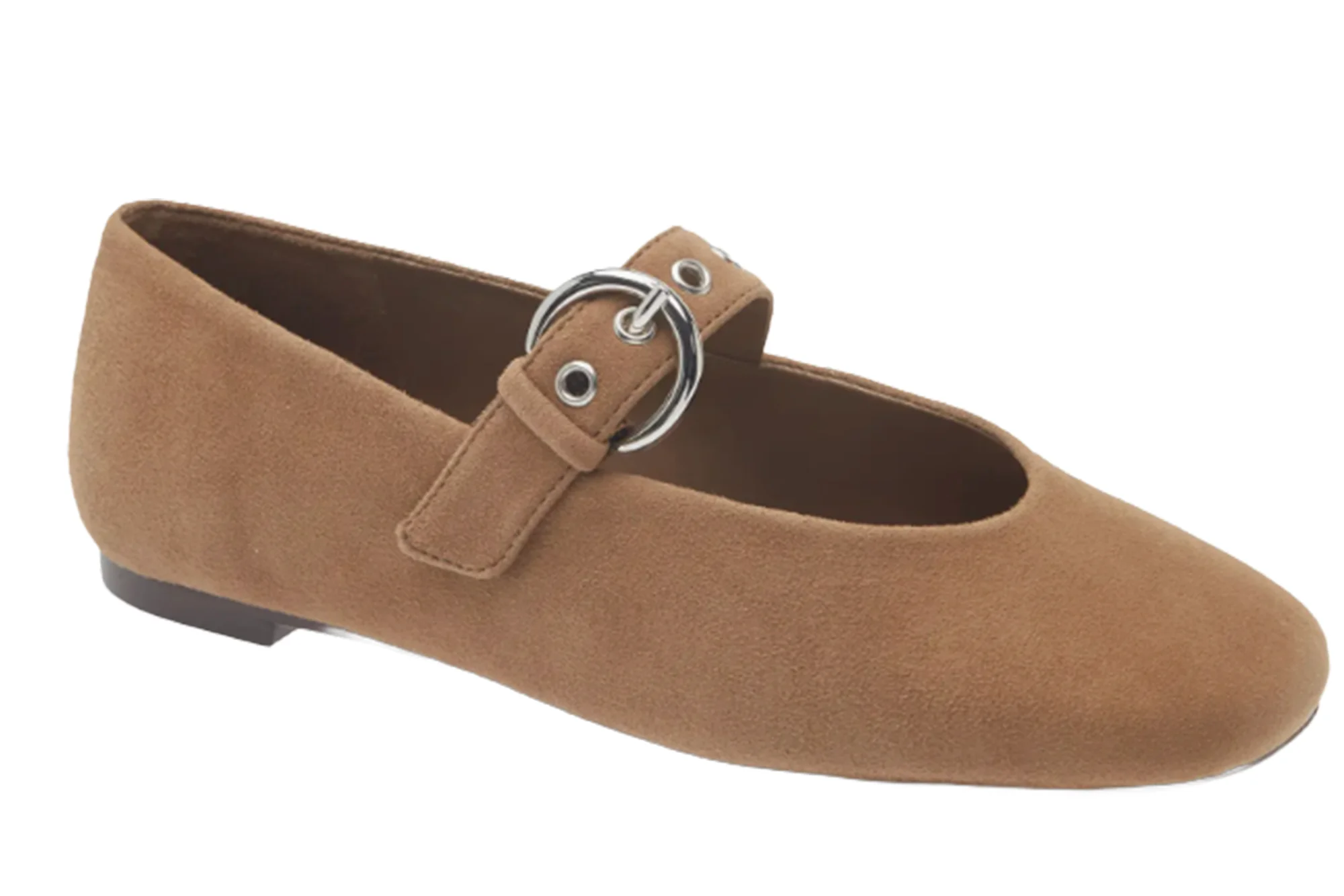 Brown suede Mary Jane flat shoe with a silver buckle.