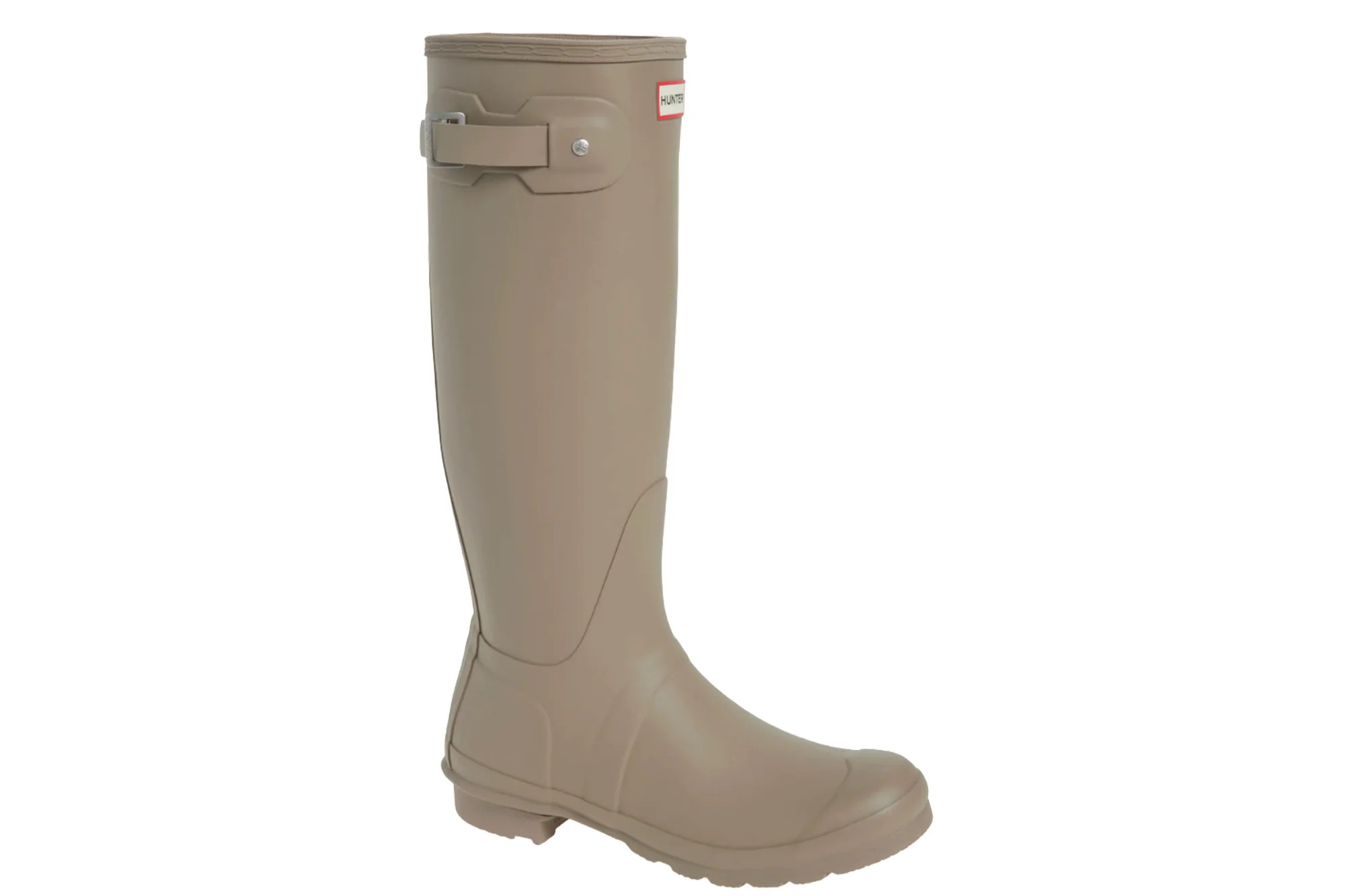 A single beige Hunter tall rain boot with a buckle at the top.