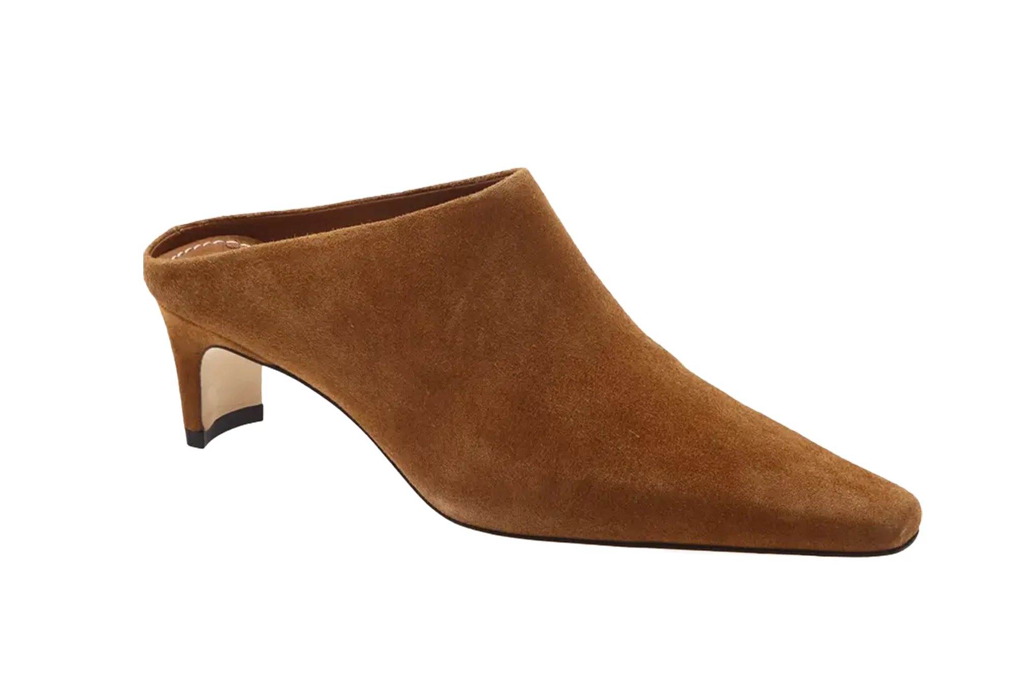 A single brown suede mule with a pointed toe and a flared heel.