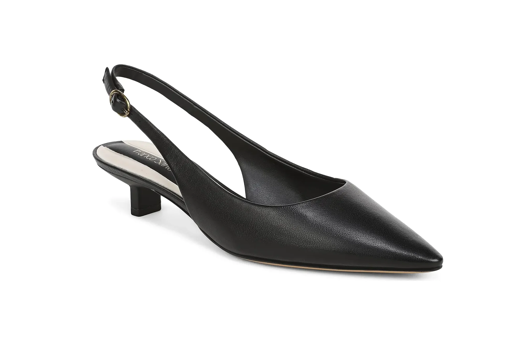 Black Franco Sarto slingback kitten heel.