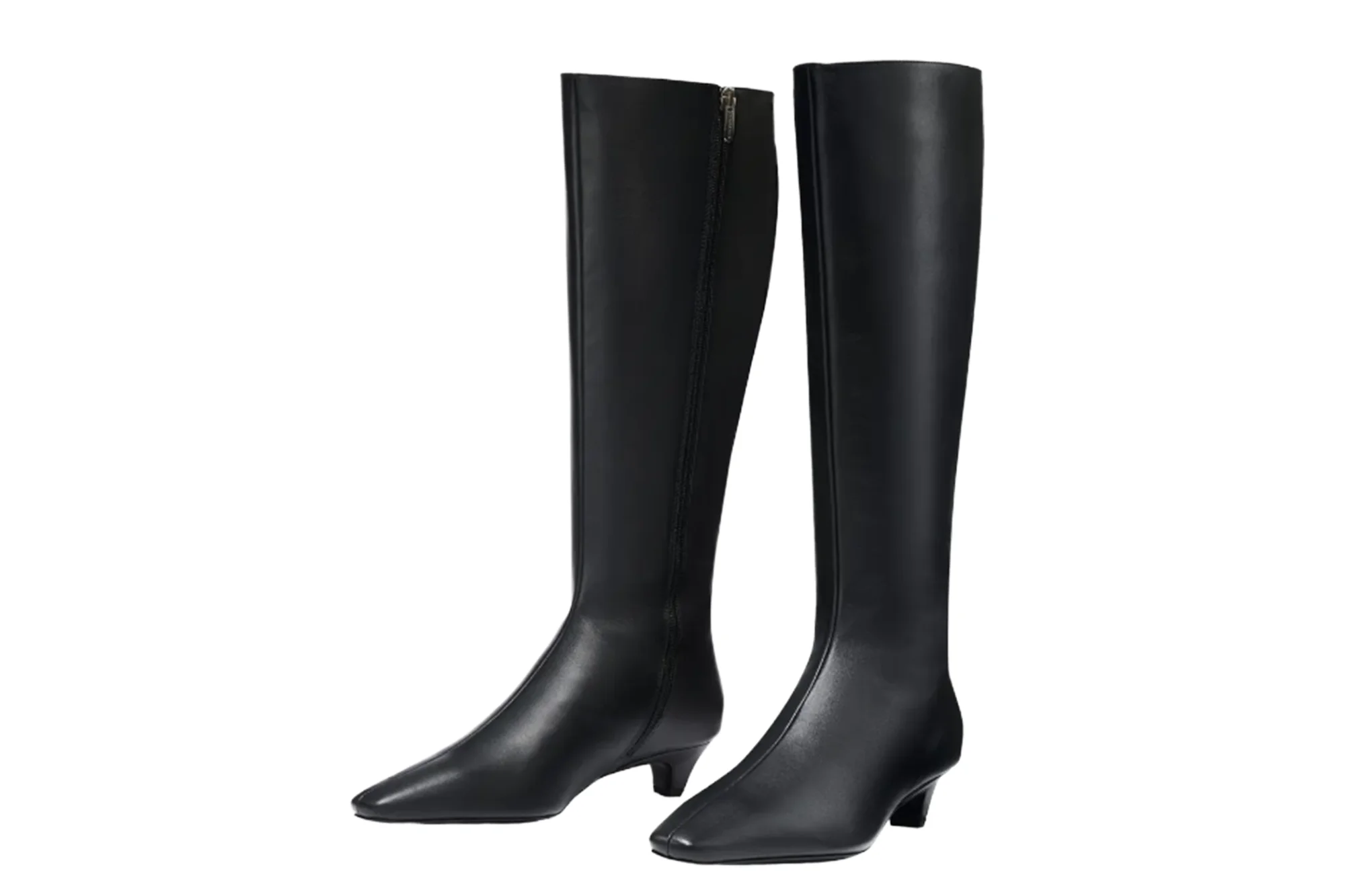 A pair of black, knee-high leather boots with kitten heels.