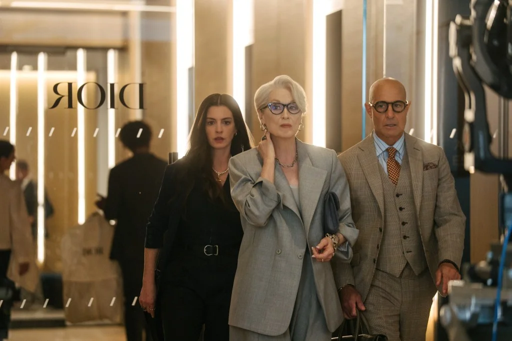 Anne Hathaway, Meryl Streep, and Stanley Tucci as Andy Sachs, Miranda Priestly, and Nigel Kipling in "The Devil Wears Prada 2."