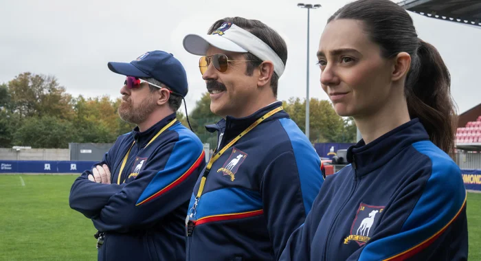 Brendan Hunt, Jason Sudeikis, and Tanya Reynolds in Ted Lasso: Season 4 (2026)