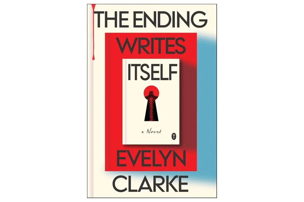Book cover for "The Ending Writes Itself" by Evelyn Clarke, featuring a keyhole with a house in its center.