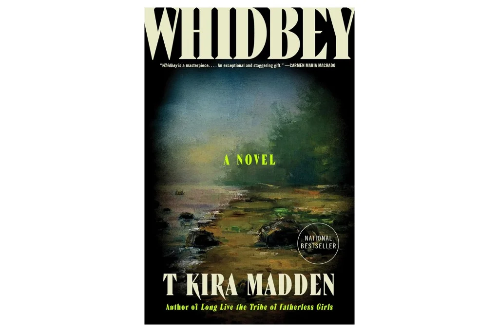 Book cover for "Whidbey" by T Kira Madden, featuring an illustration of a misty, water-filled landscape with rocks.
