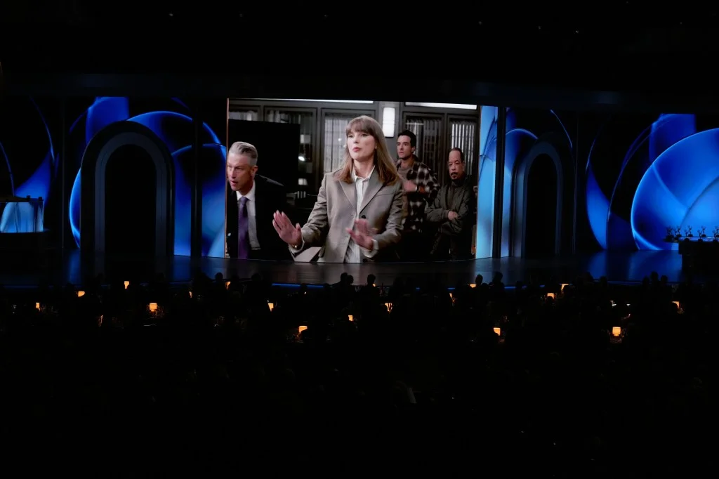 Taylor Swift on screen in a "Law and Order: SVU" skit during the 78th Emmy Awards.