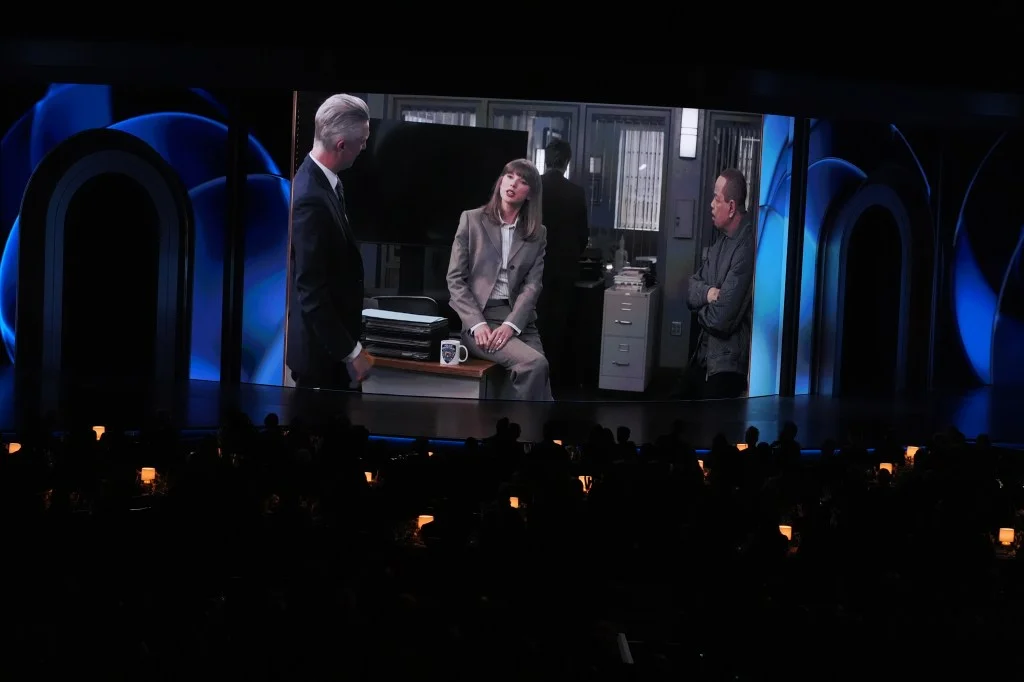 Peter Scanavino, Taylor Swift, and Ice-T in a "Law and Order: SVU" skit at the Emmy Awards.