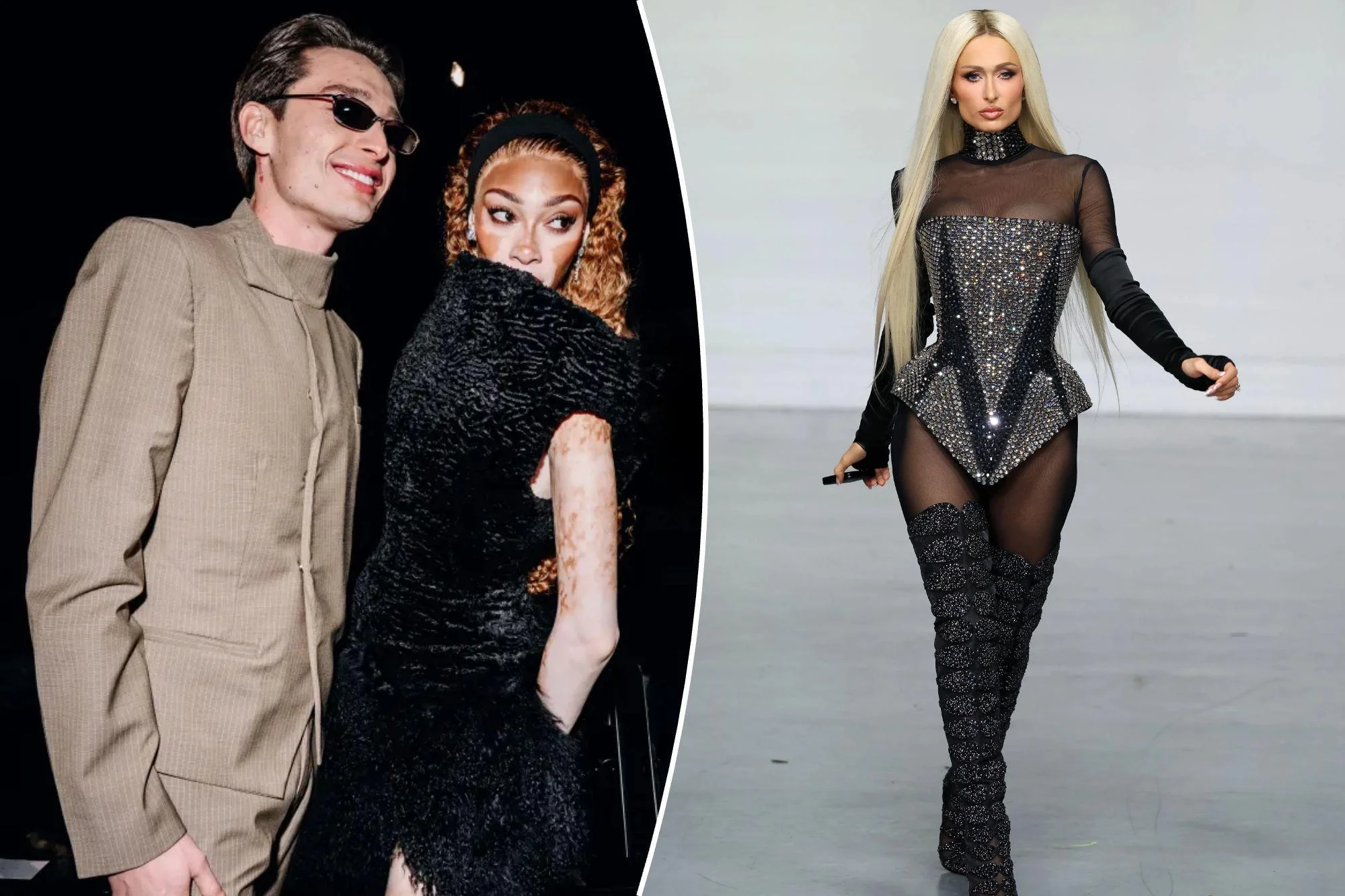An image collage containing 2 images, Image 1 shows Peso Pluma and Winnie Harlow at the Luar fashion show, Image 2 shows Paris Hilton walking the runway in a black sequined bodysuit and thigh-high boots