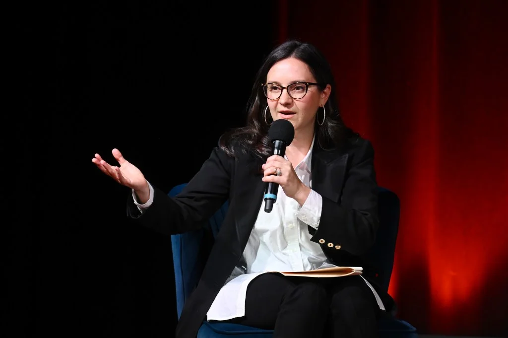 Bari Weiss speaks onstage at a book club event.