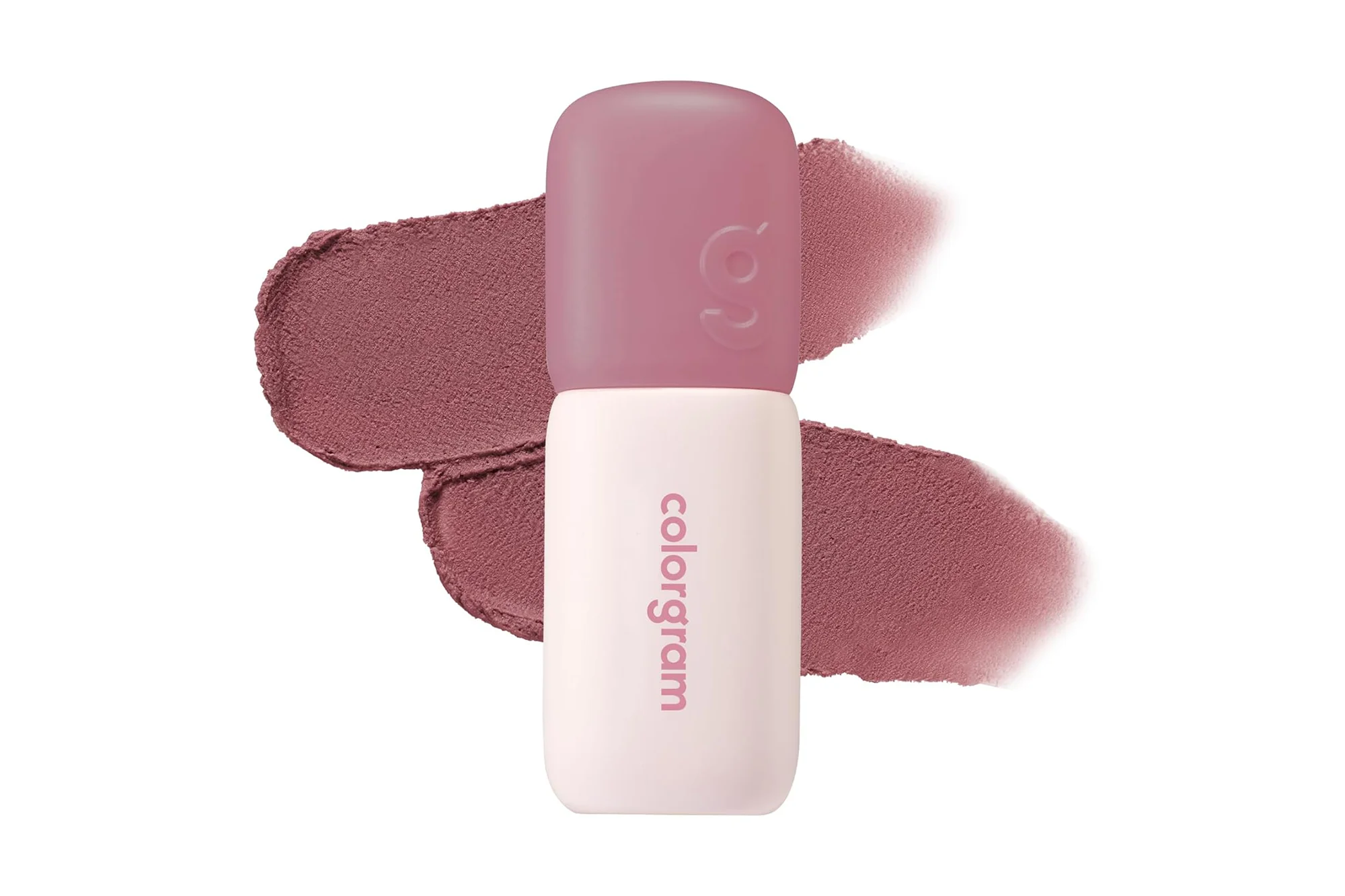 A colorgram lip gloss in a pink container with swatches of a matching pink-brown shade on a white background.