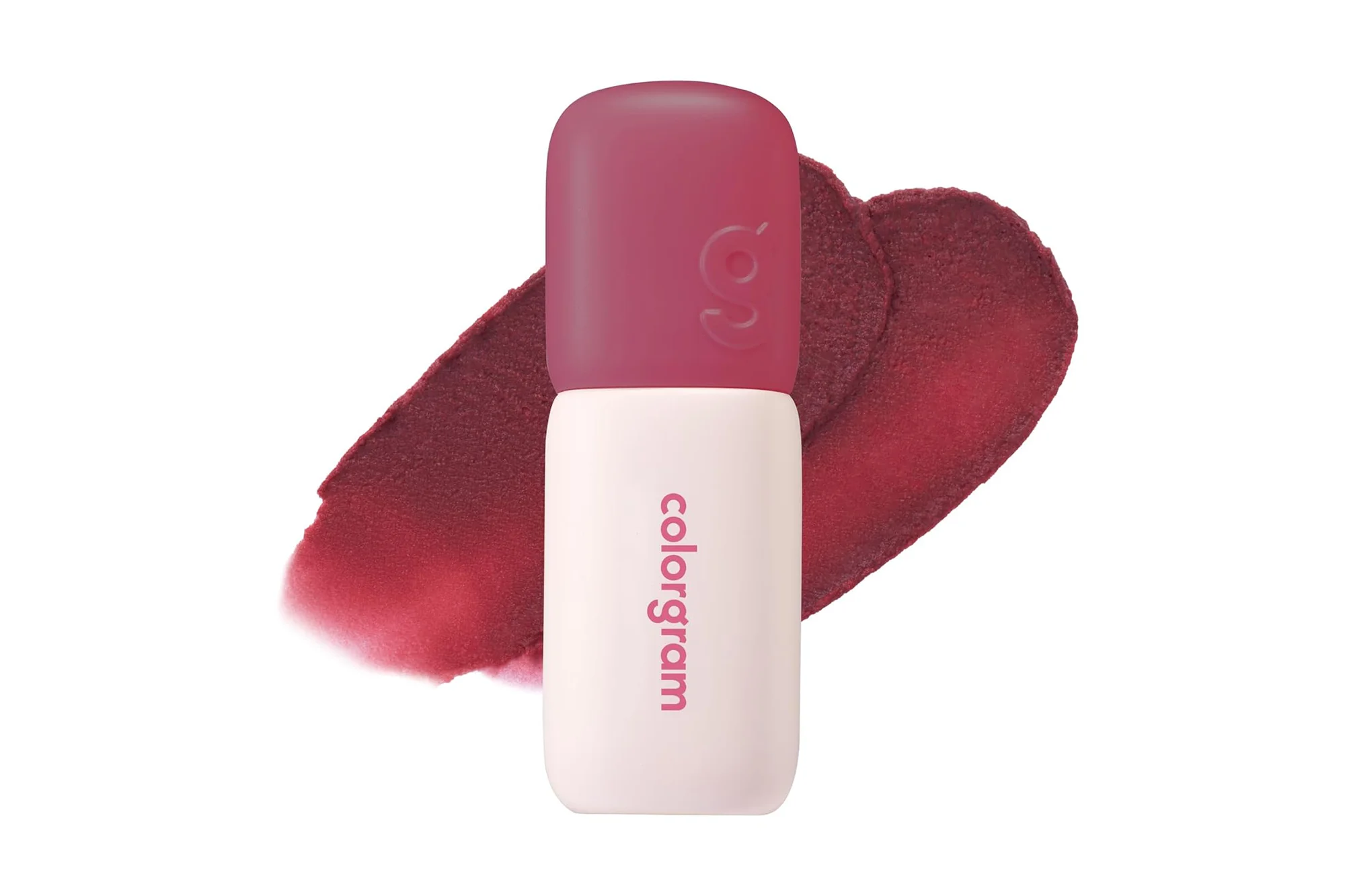 Colorgram lip tint with a dark pink cap and a light pink tube, surrounded by a dark pink swatch.