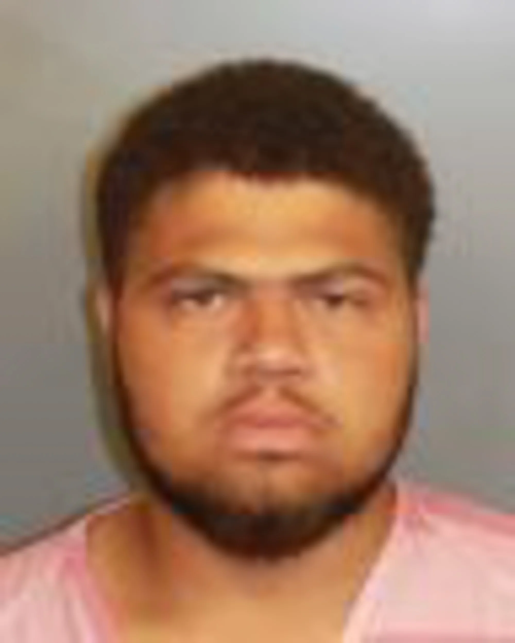 Mugshot of a man with dark hair and a beard, wearing a light-colored shirt.