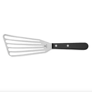 metal slotted fish spatula with a black handle on a white backdrop.