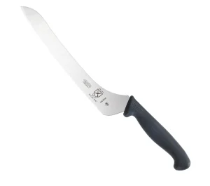 A long, black-handled bread knife.