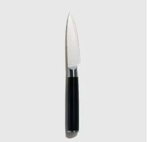 A black handled small paring knife.