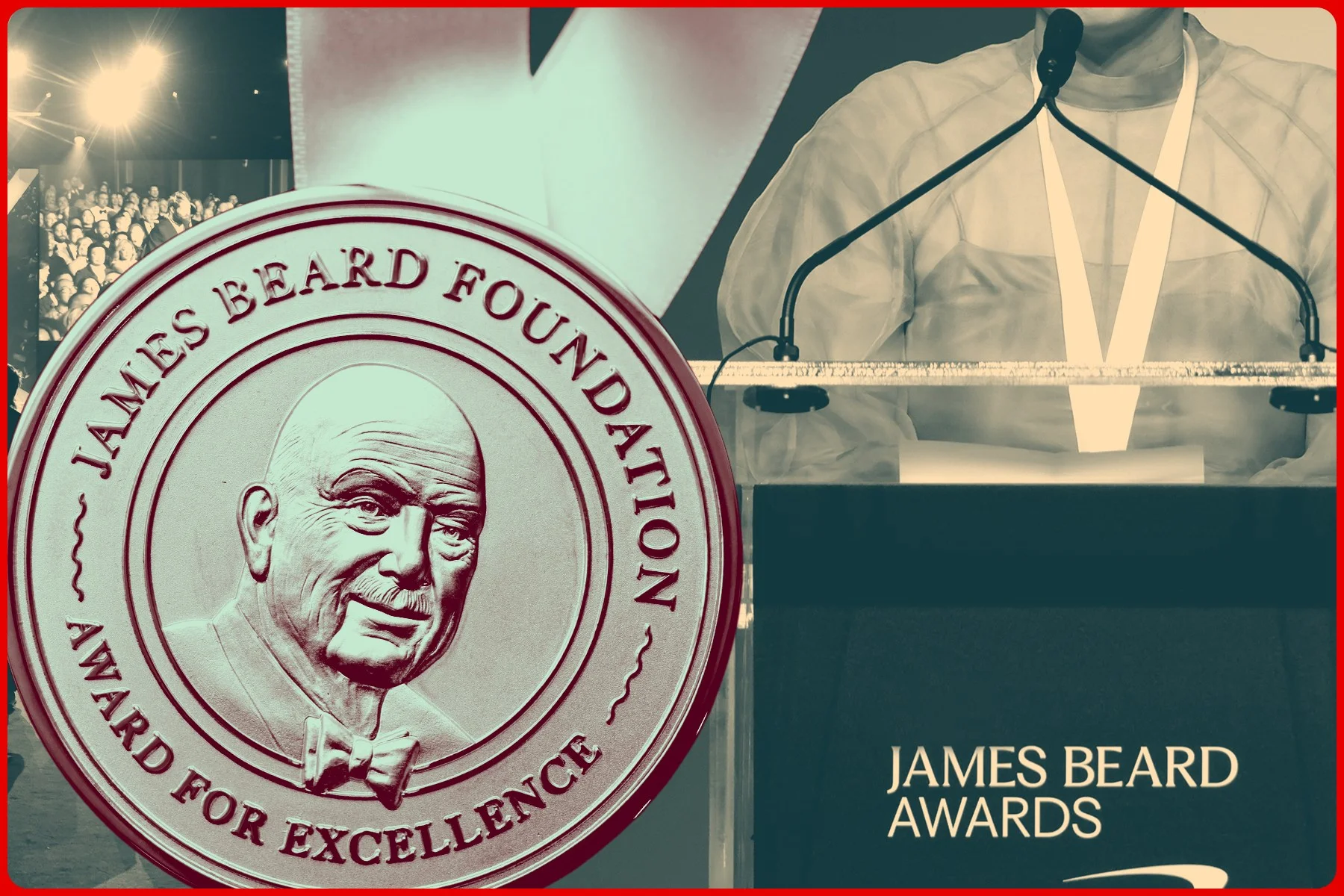 a collage featuring a james beard award medal, plus a speaker standing at the podium